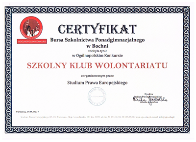 Certyfikat uczestnictwa w szkolnym klubie wolontariatu.