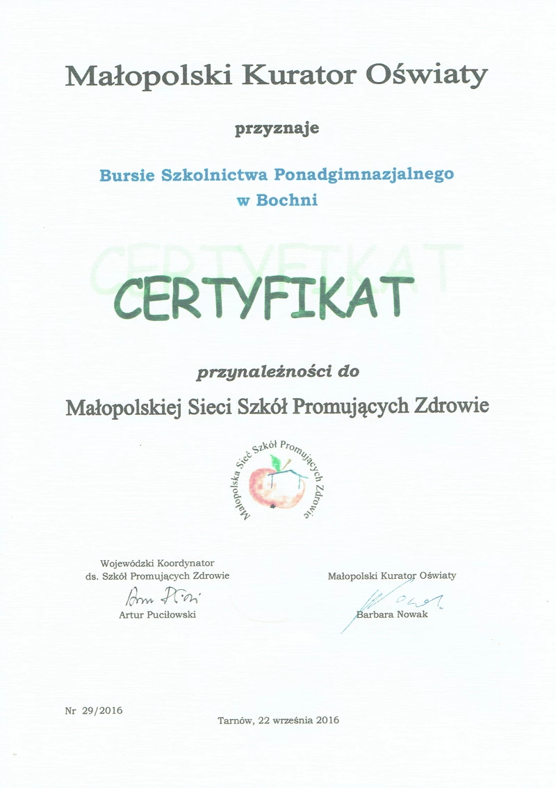 Certyfikat przynależności do Małopolskiej Sieci Szkół Promujących zdrowie