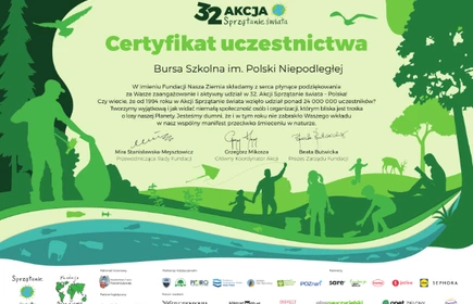 zdjęcie certyfikatu uczestniczenia placówki w Akcji Sprzątania Świata