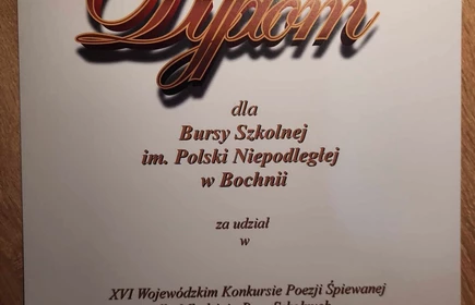 dyplom za udział w konkursie poezji śpiewanej dla Bursy Szkolnej w Bochni